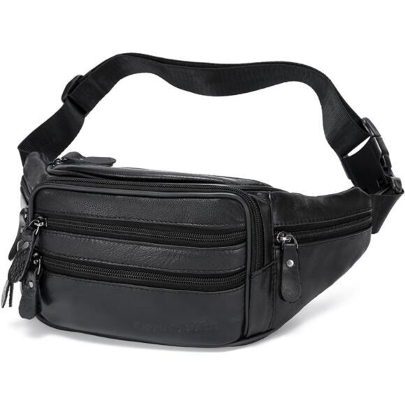 Black Leather Fanny Pack for Men & Women, Fashionable Multi-Pockets Waist Belt - Picture 6 of 14